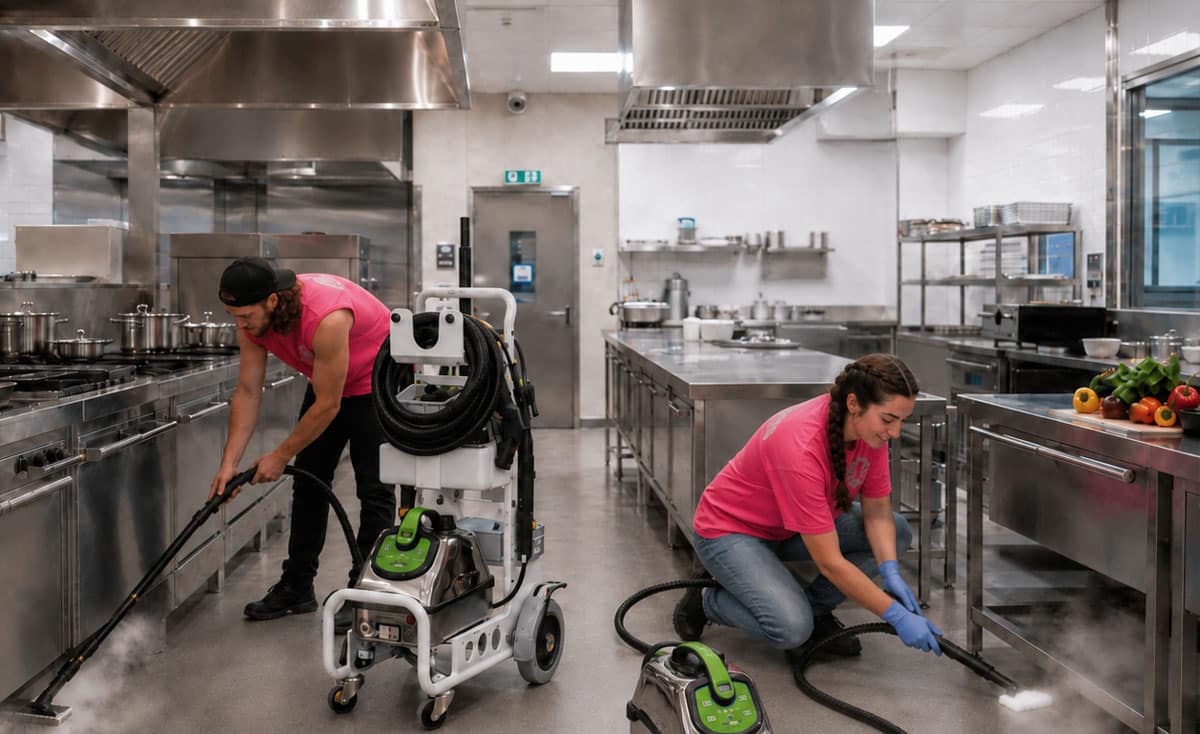 Reinigungsteam bei der Intensivreinigung einer gewerblichen Küche