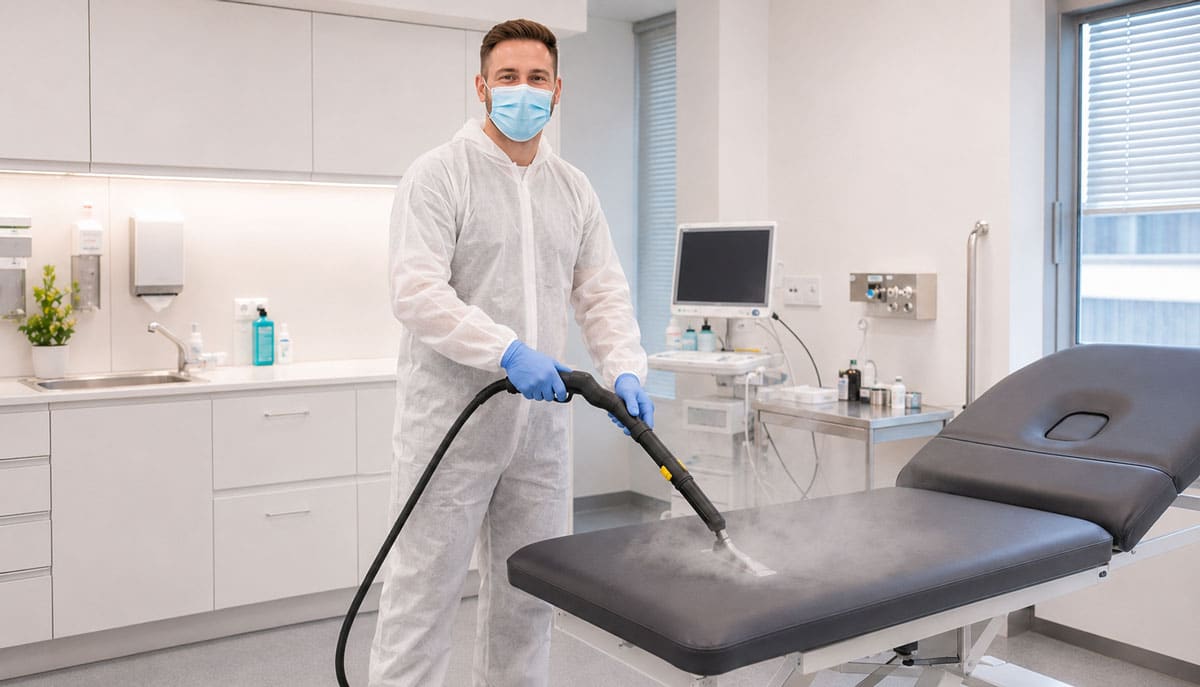 Praxisreinigung mit Trockendampf an einer Behandlungsliege